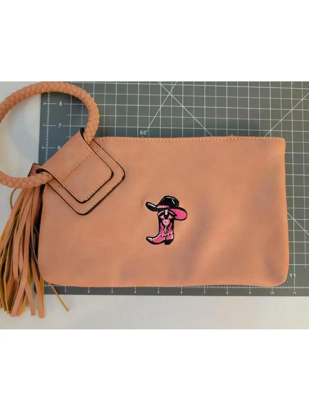 Blush Pink Faux Leather O-Ring Wristlet Clutch Cowgirl Boot Patch Western